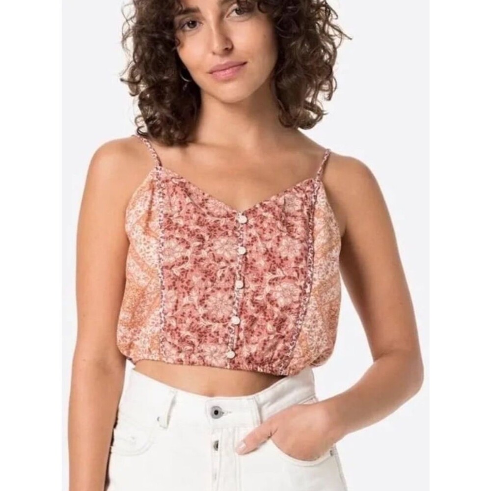 American Eagle Cotton Linen Crop Top Floral Boho Quilted Button Up Womens XL
